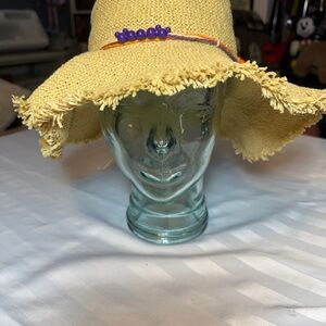 Vintage Disney Tan Sun straw Hat with Colorful Fringe with Disney Mickey beads.